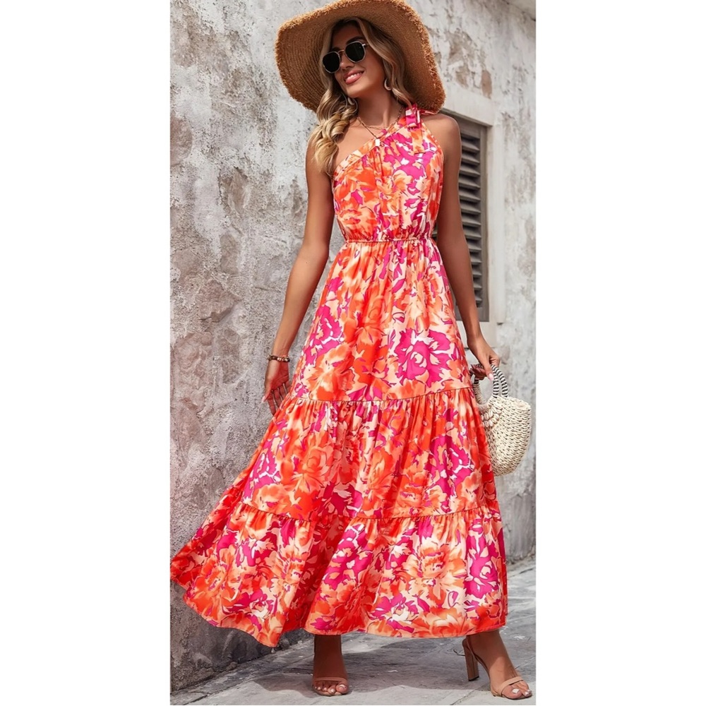2 Pack Floral One-Shoulder Maxi Dress - Pink and Orange